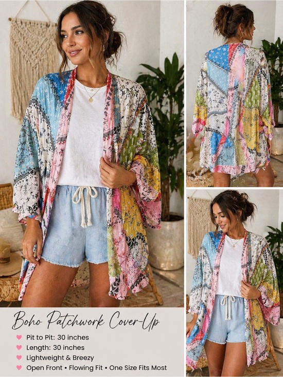 Other - Boho Patchwork Kimono Cover Up Open Front Lightweight One Size Beach